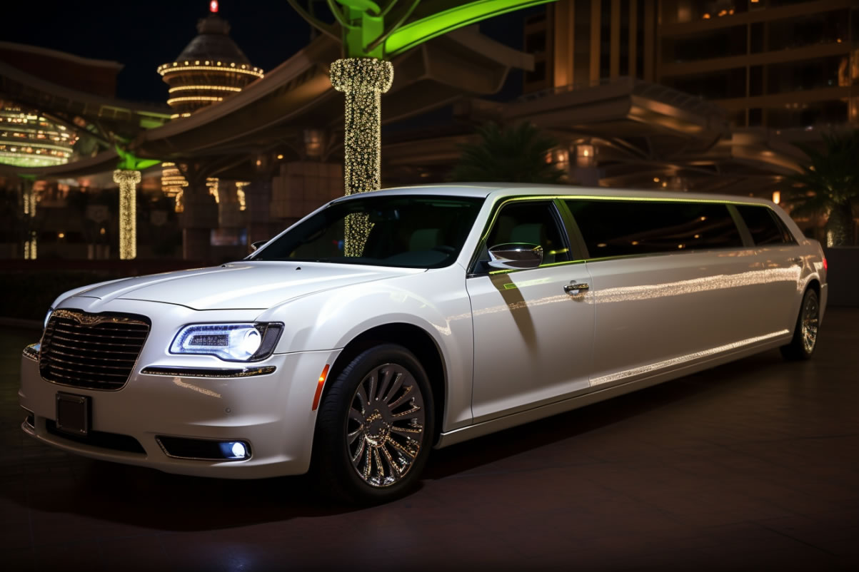 A white limo is standing in front of a hotel by night