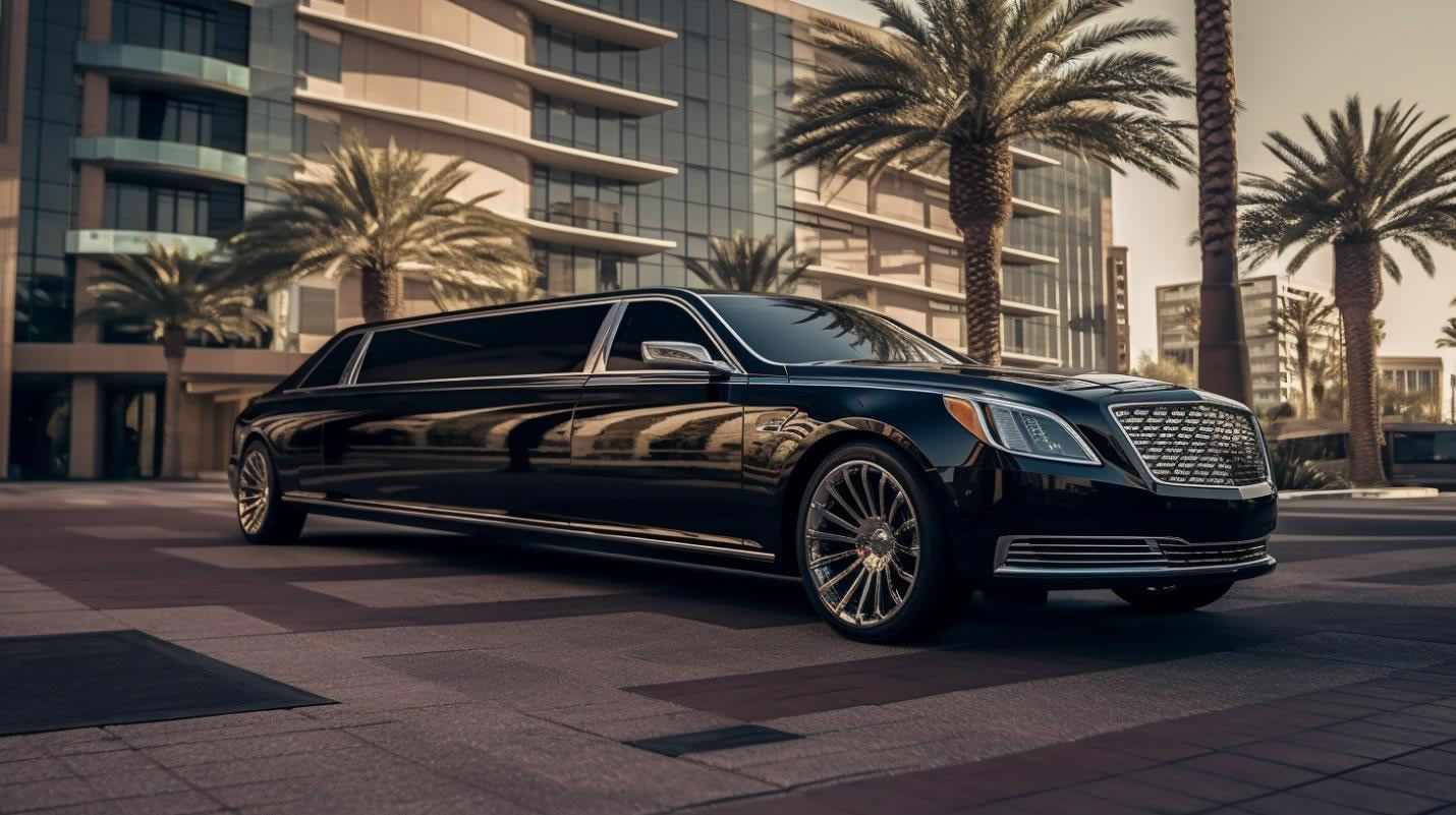 A black limo is standing in front of a resort surrounded by palm trees