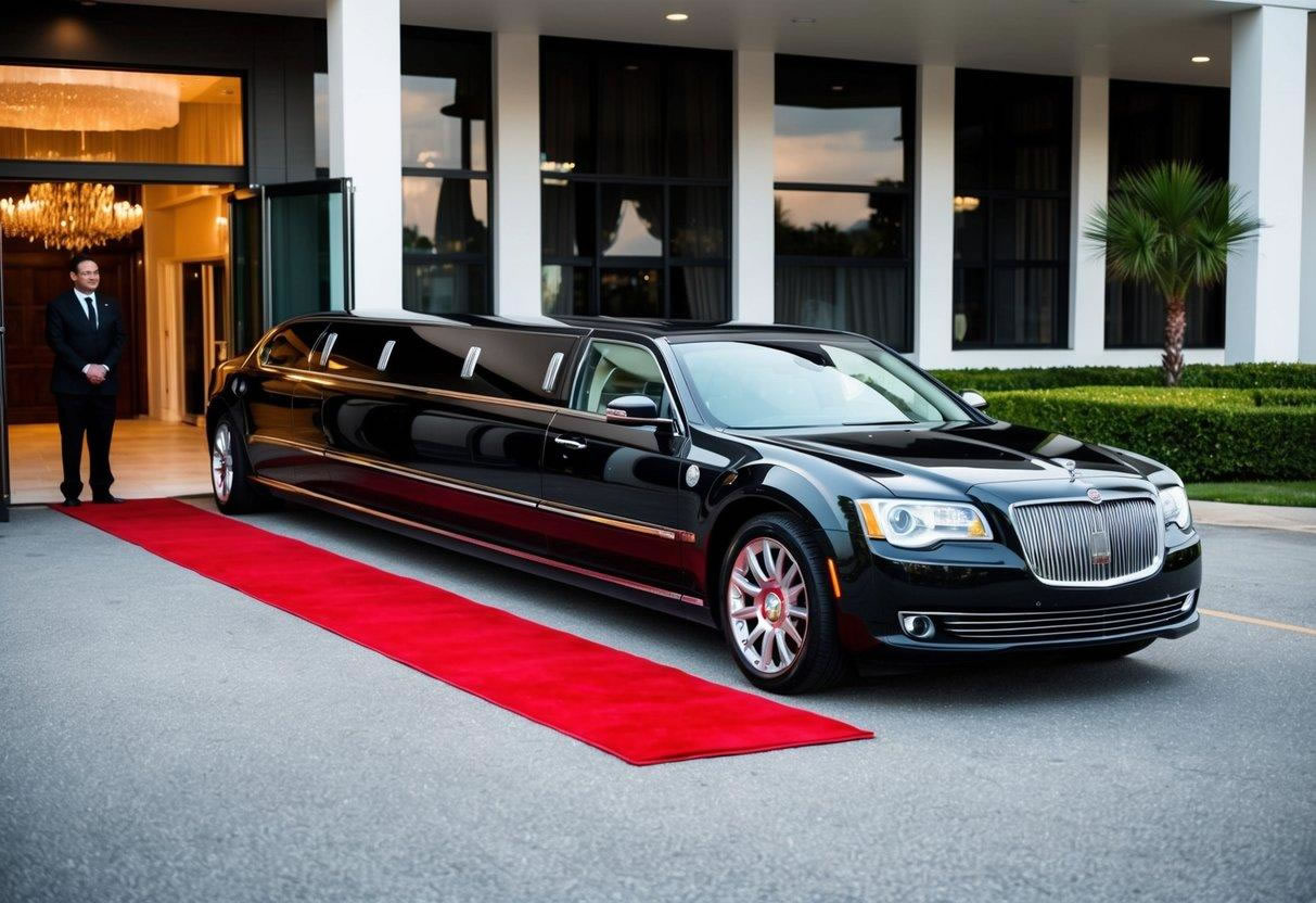 A sleek, black limousine parked outside a luxurious venue, with a red carpet leading up to the open door. A chauffeur stands by, ready to assist