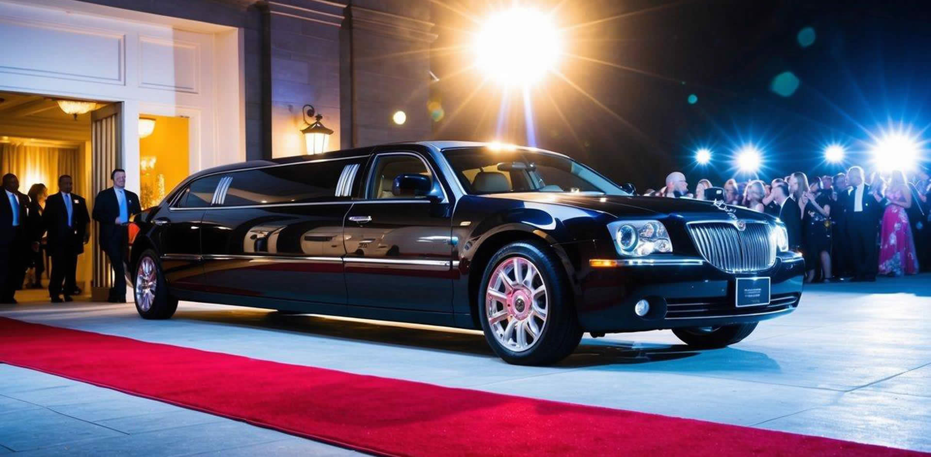 A sleek limousine parked outside a grand event venue, with a red carpet leading to the open door. Bright lights and a bustling crowd in the background