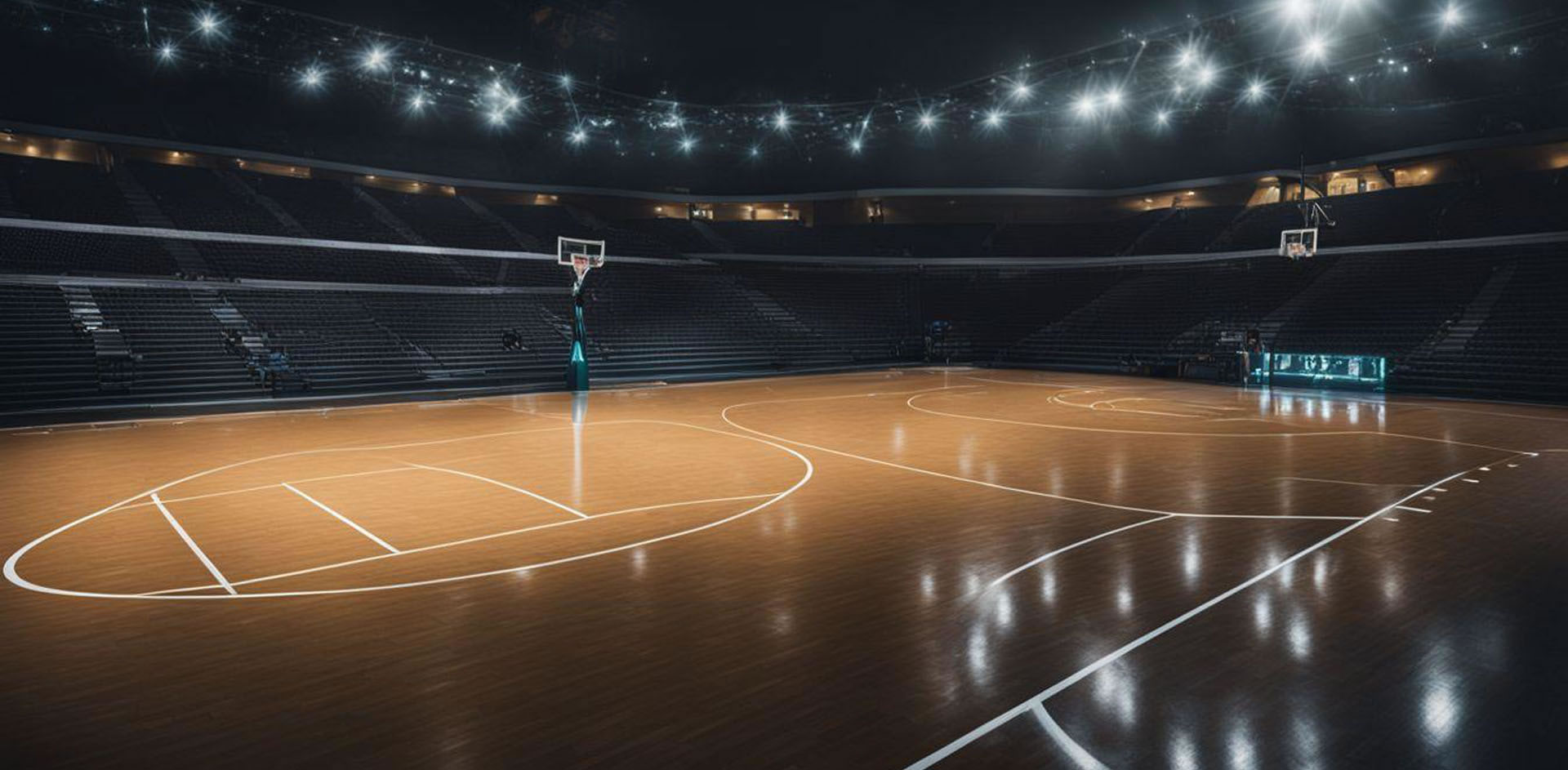 A basketball court with lights on