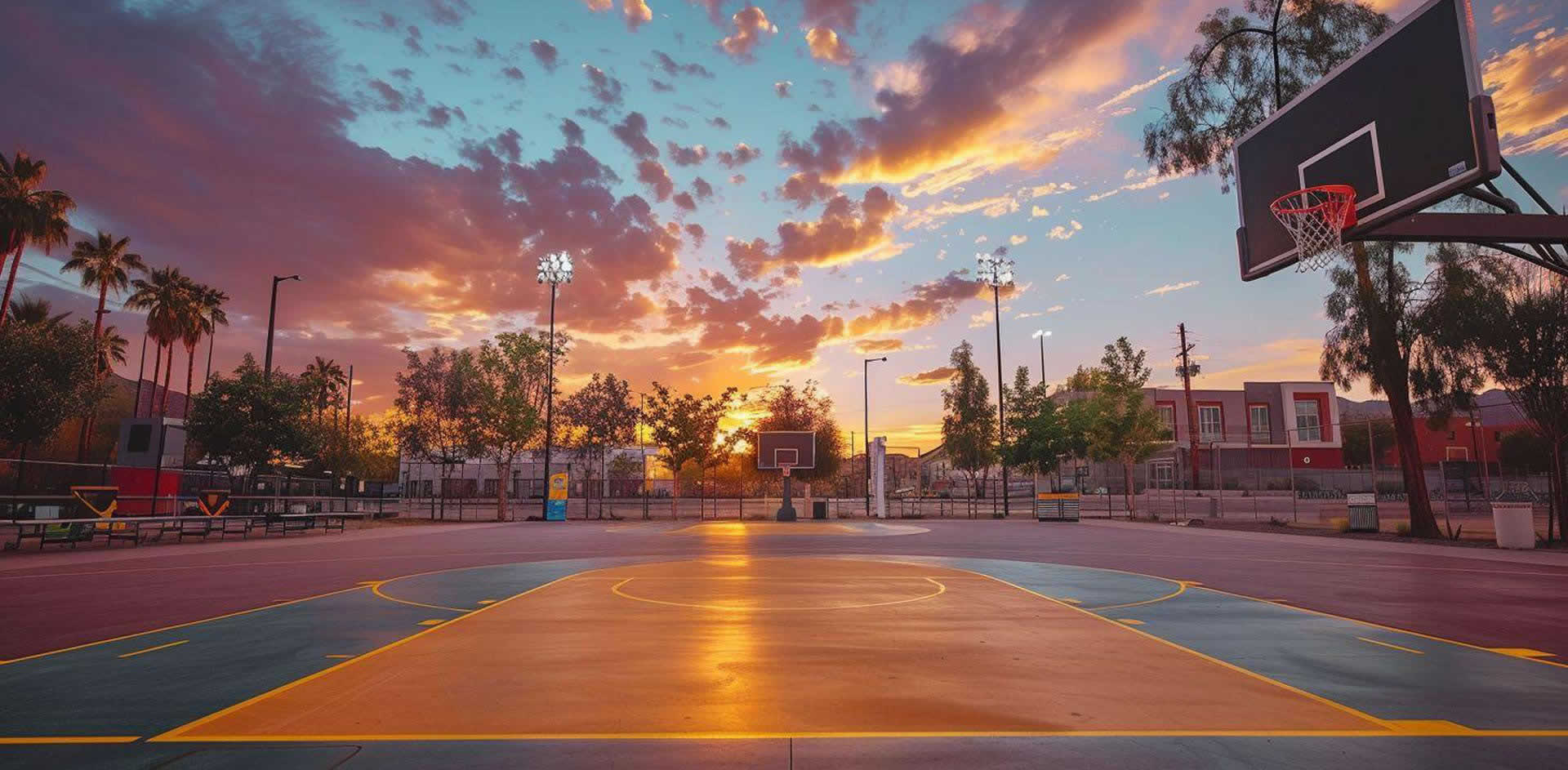 A basketball court with trees and a sunset