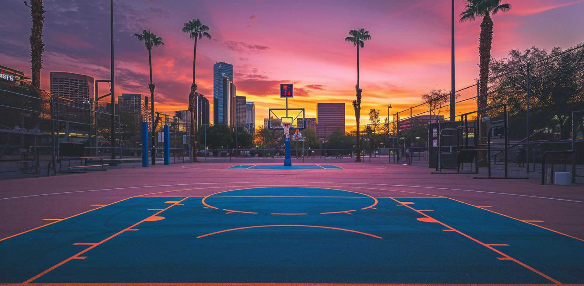 A basketball court with a city in the background