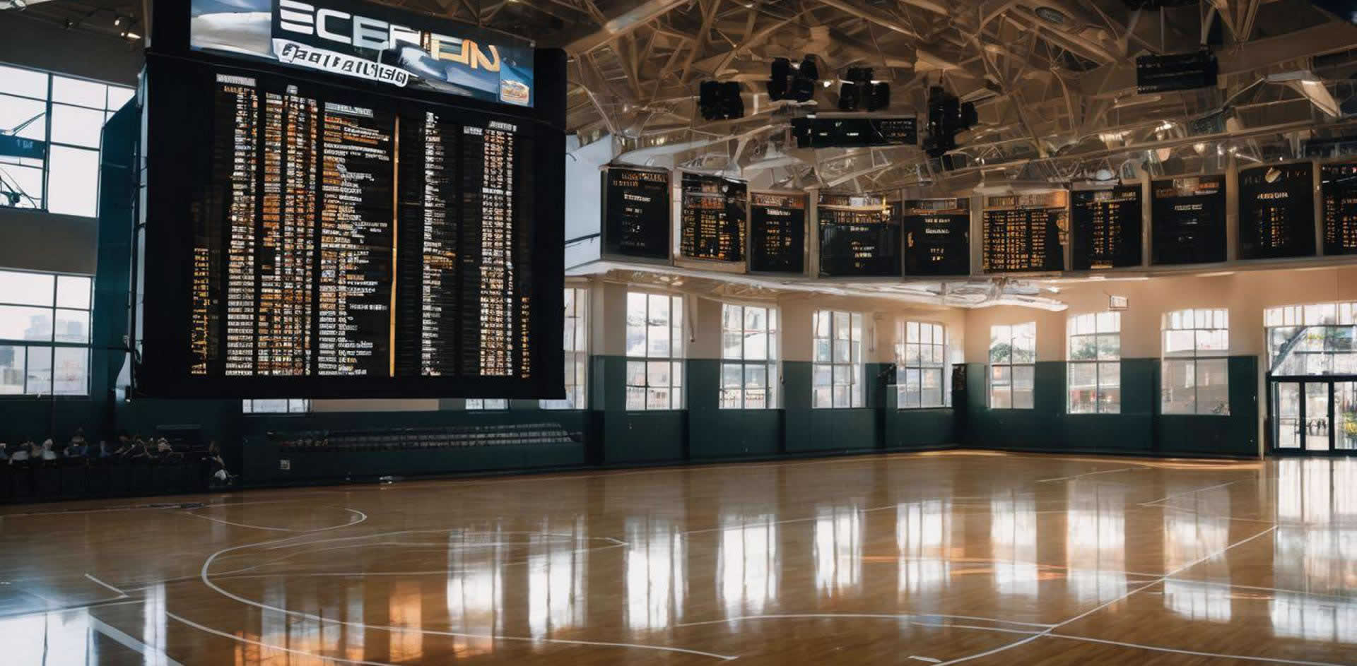 A basketball court with a scoreboard