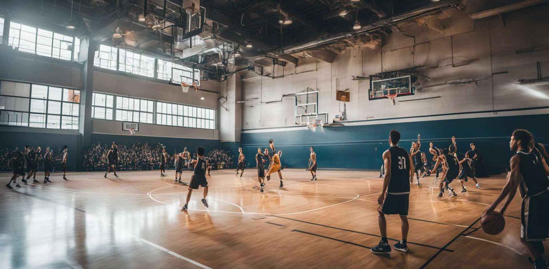 A group of people playing basketball