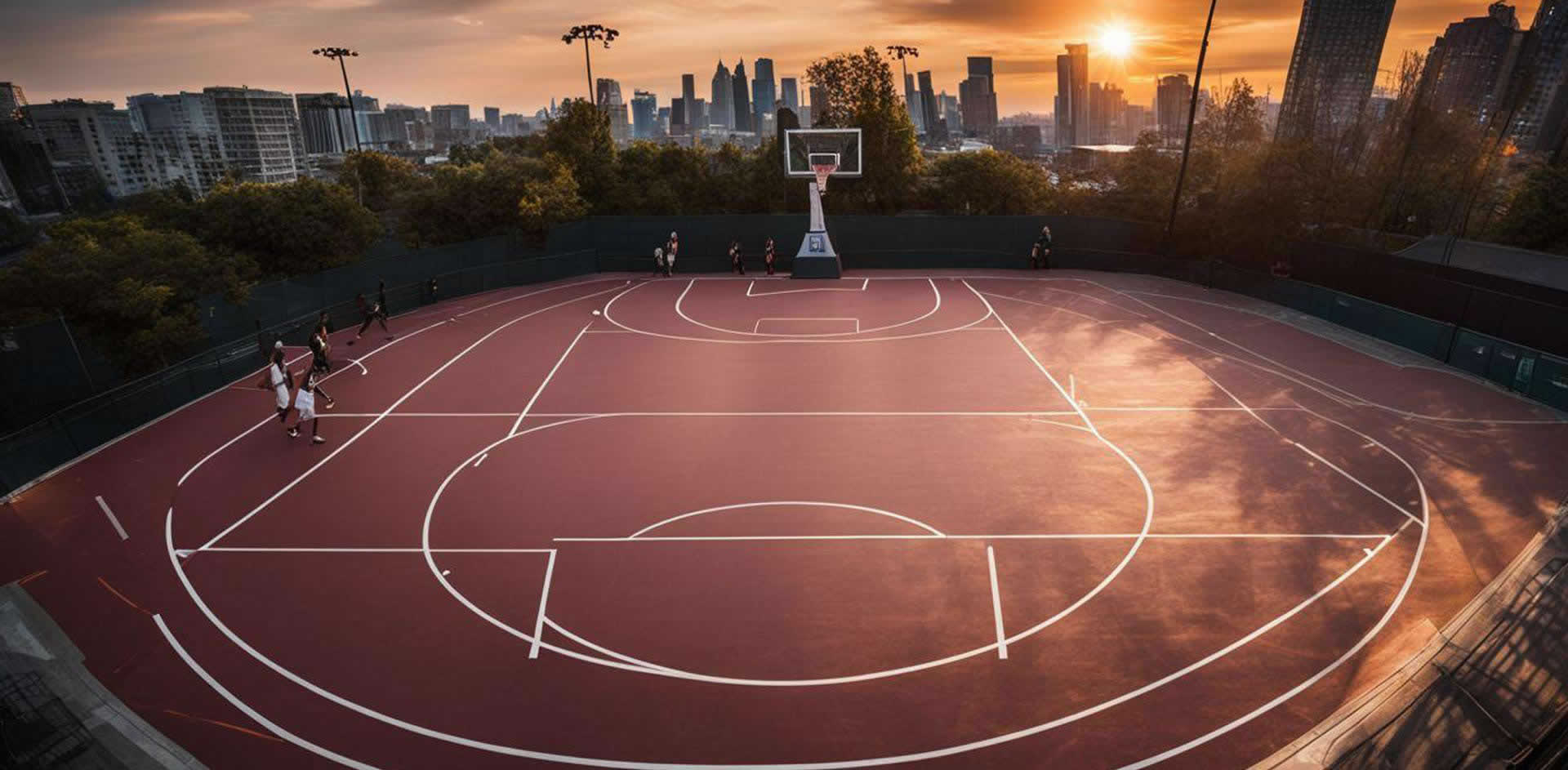A basketball court with a basketball hoop and a net in the middle