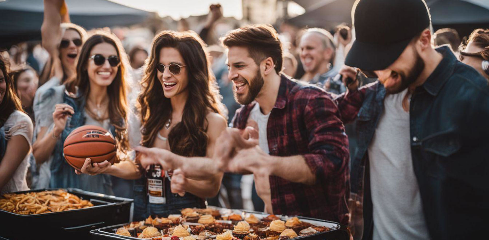 A group of people standing around a barbecue