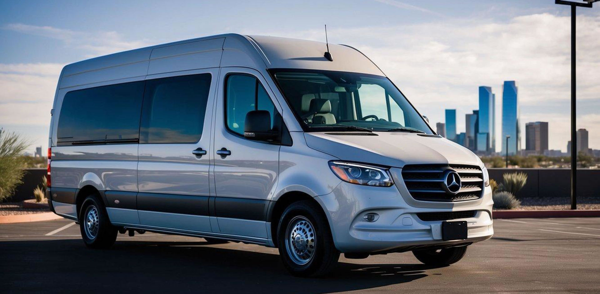 A sleek Mercedes Sprinter van parked in front of a luxury rental office in Phoenix, Arizona, with the city skyline in the background