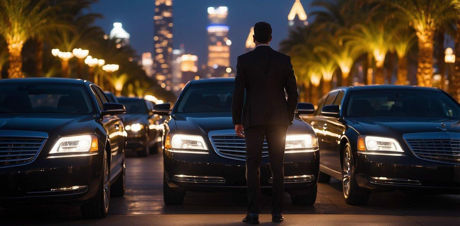 A person stands in front of a row of sleek limousines, comparing prices and services. The Phoenix skyline looms in the background, hinting at a luxurious night ahead