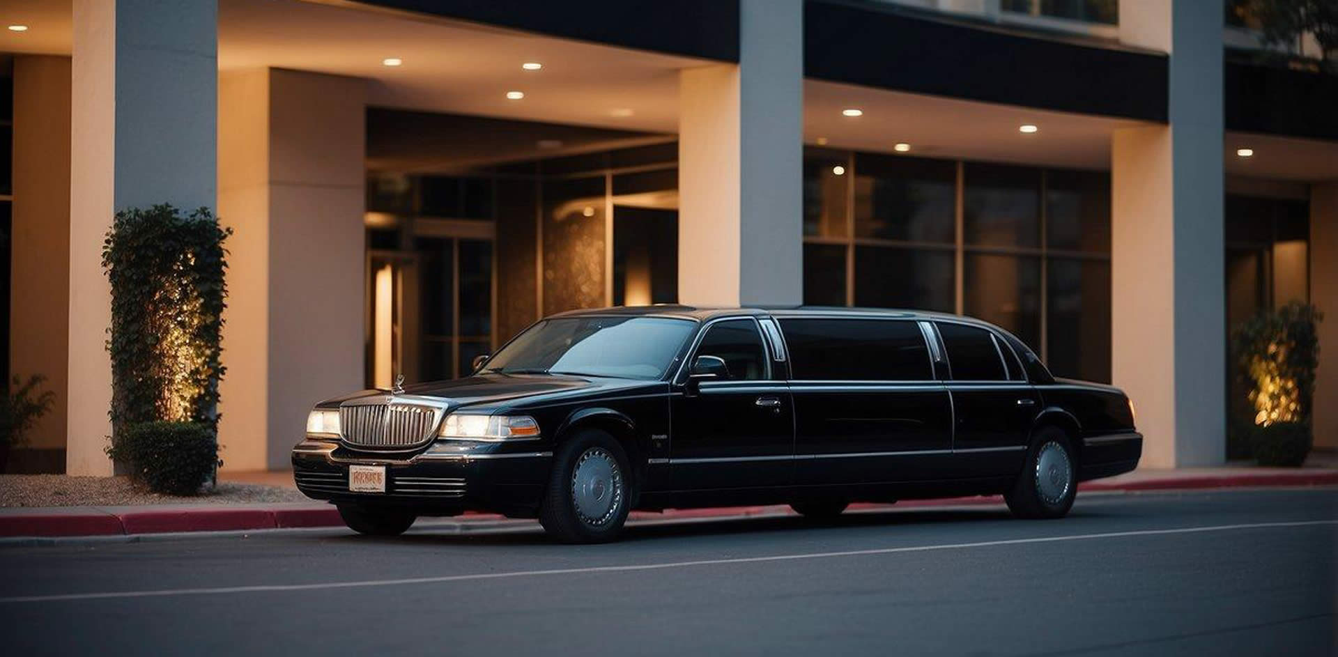 A sleek black limousine parked in front of a luxury hotel in downtown Phoenix, with a chauffeur standing beside the open door, waiting for passengers