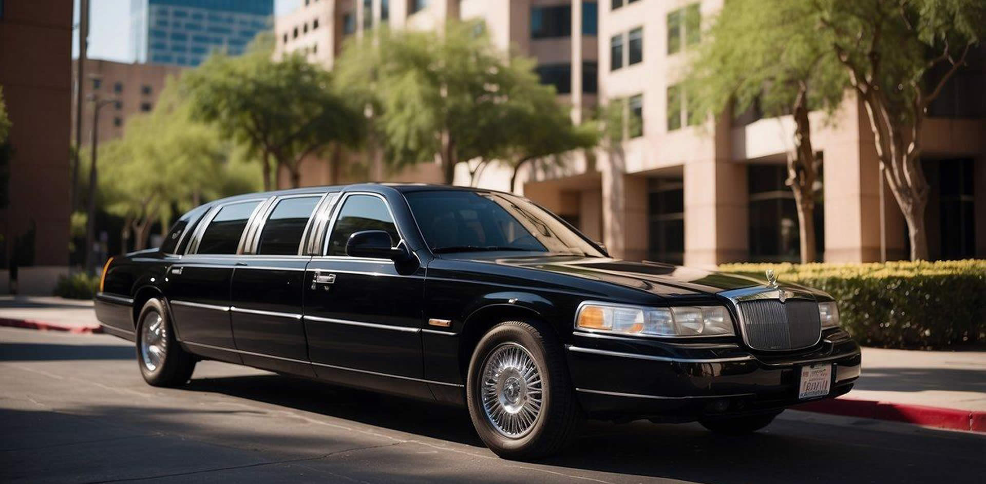 A sleek black limousine parked outside a luxurious hotel in downtown Phoenix, with the city skyline in the background