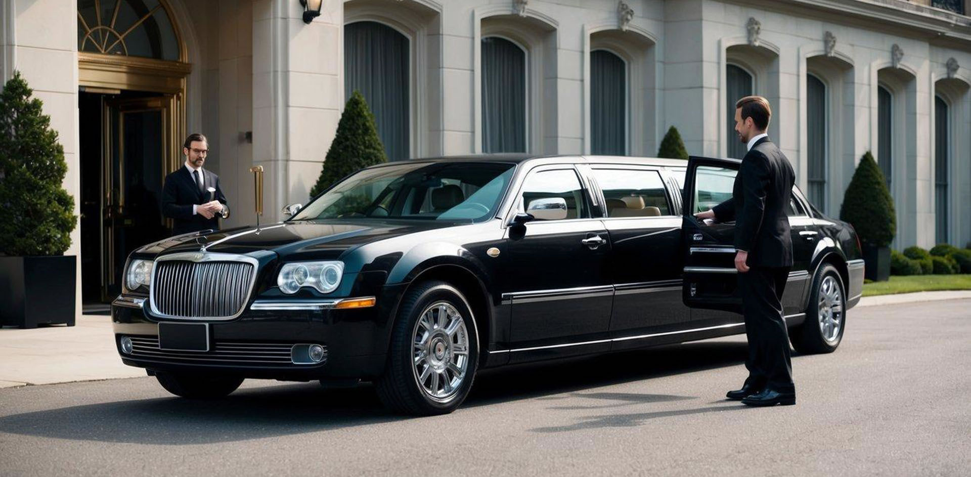 A luxurious limousine parked outside a grand hotel, with a valet opening the door for a guest. The setting exudes elegance and sophistication