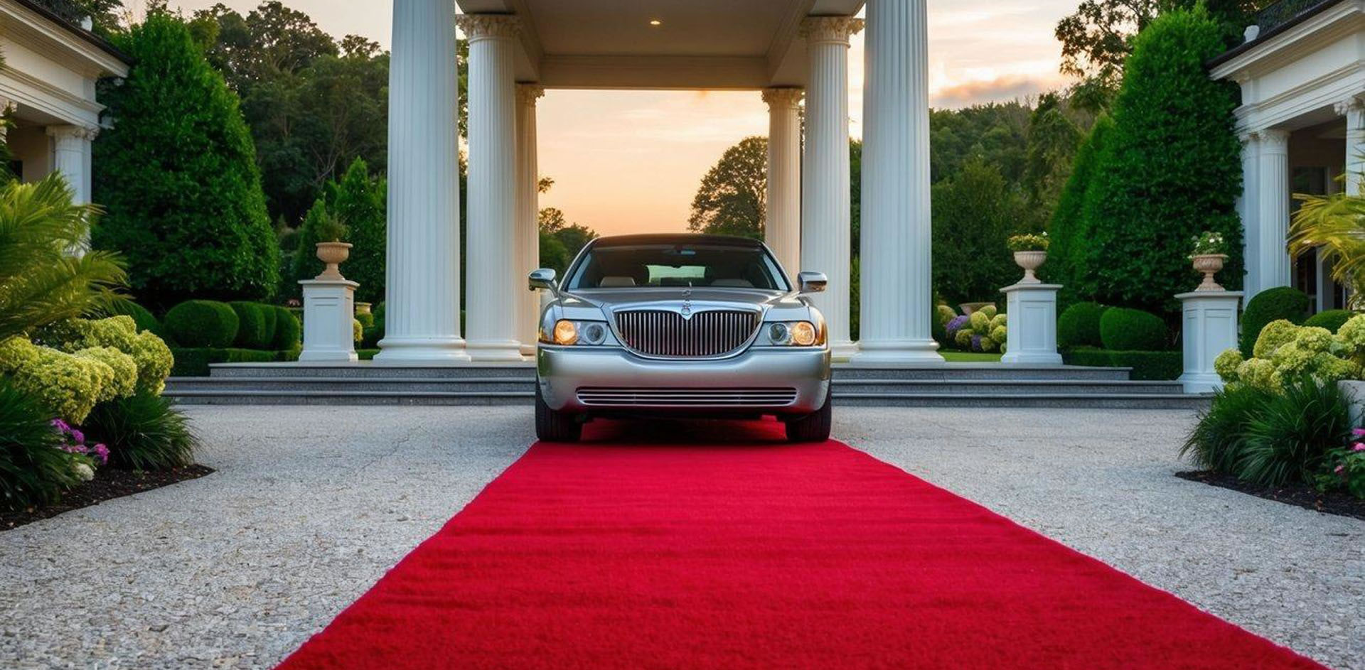 A grand driveway with a red carpet leading to a waiting limousine, flanked by elegant pillars and lush greenery