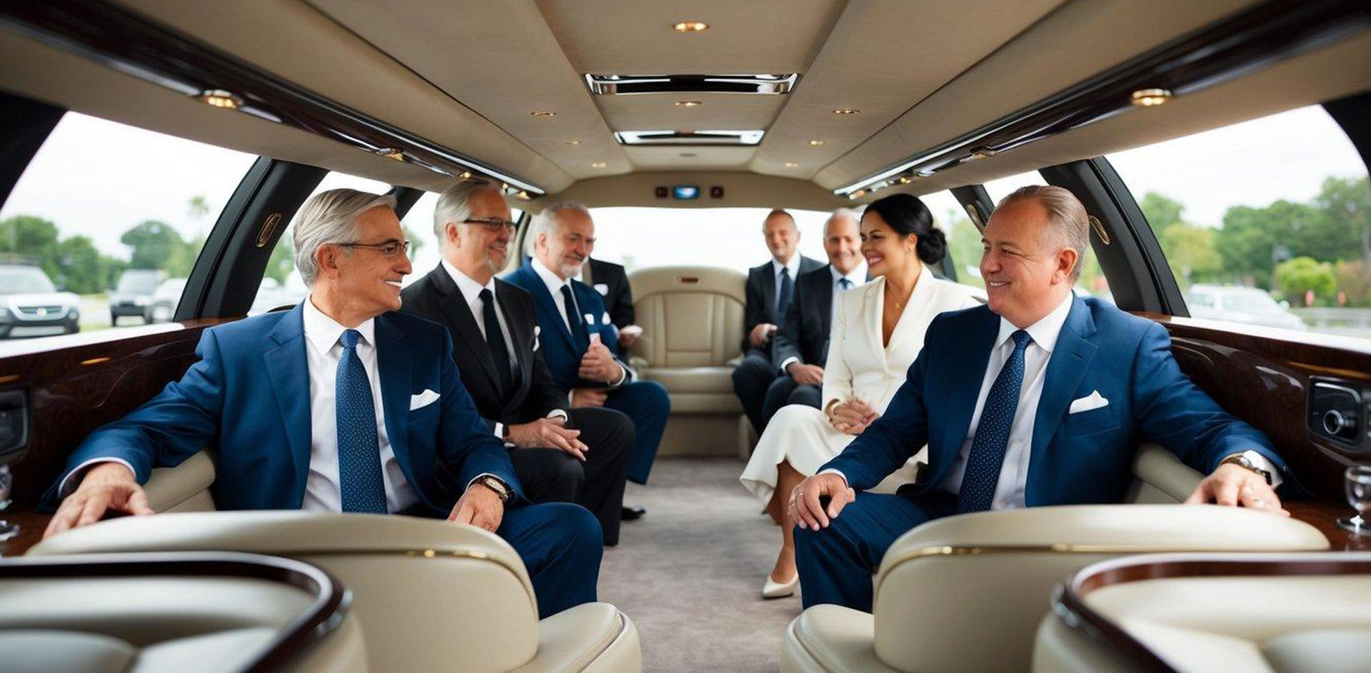 Passengers in a luxury limo, seated with proper posture, engaging in polite conversation and enjoying the amenities