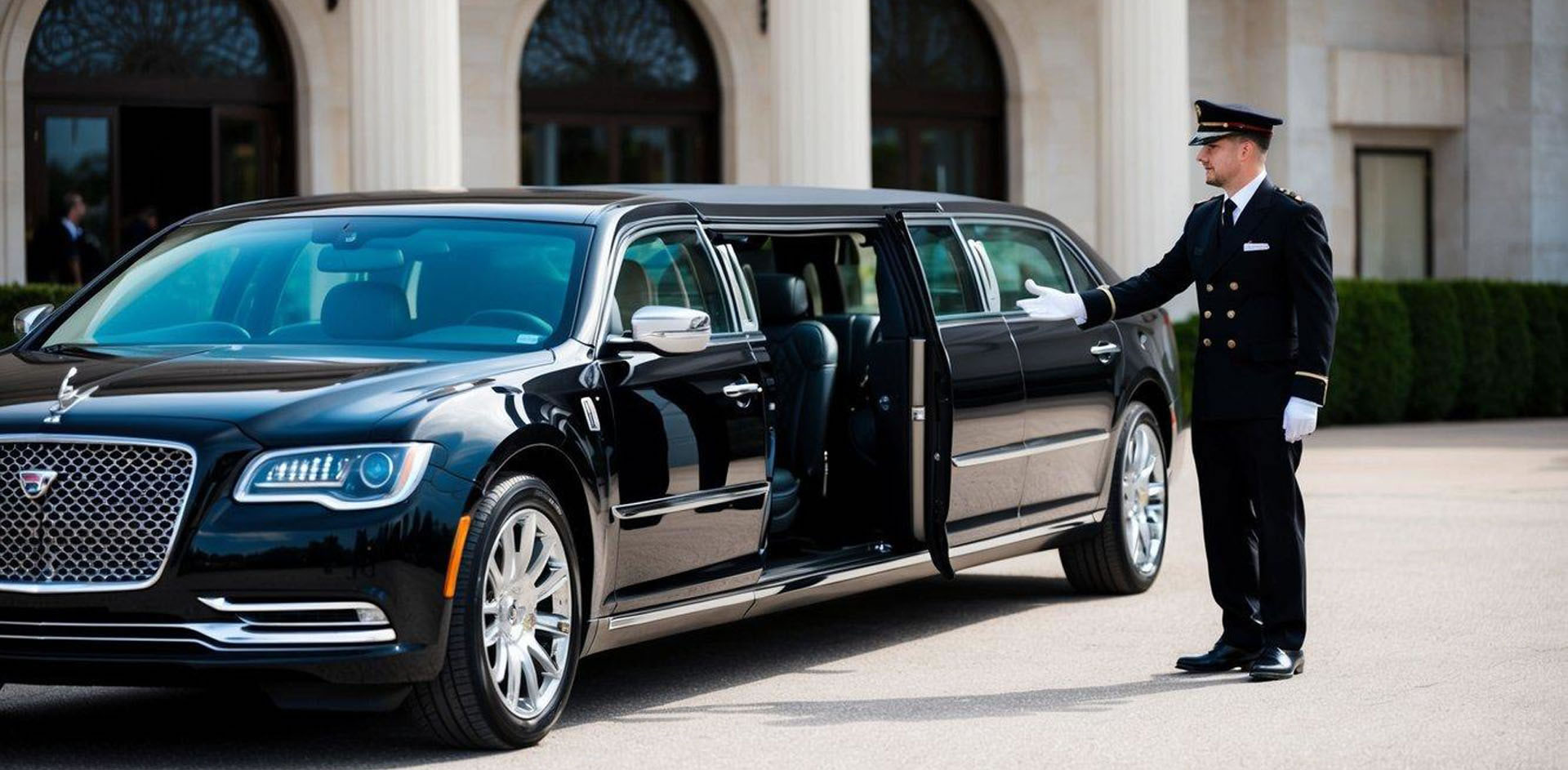 A sleek limousine parked outside a grand venue, with a uniformed chauffeur holding the door open for a departing guest