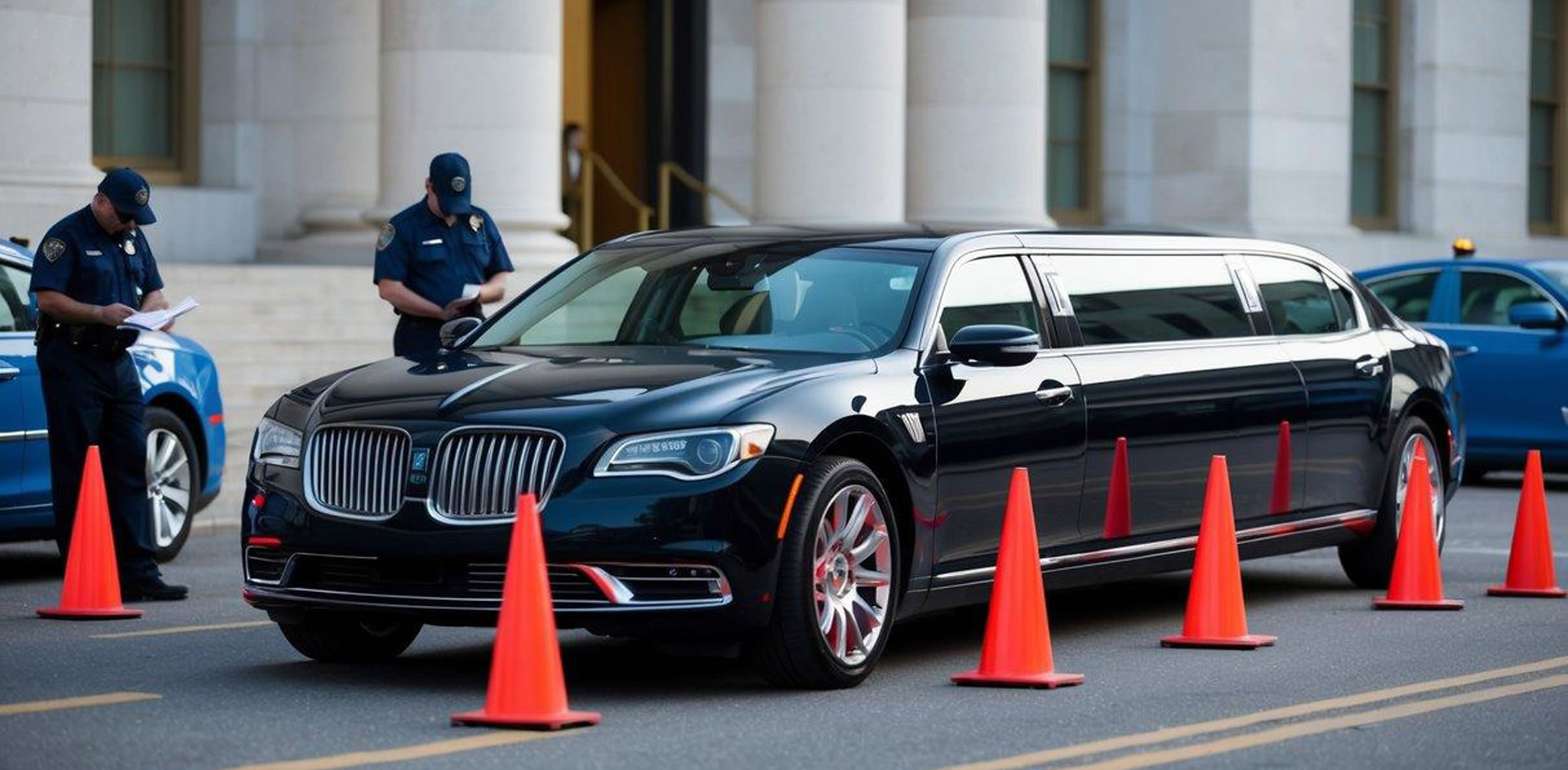 A sleek limousine sits parked in front of a government building, surrounded by safety cones and inspectors checking its safety features