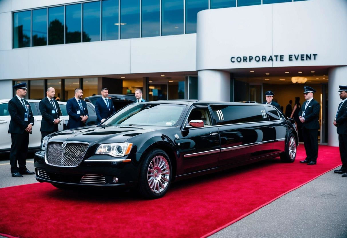 A sleek limousine parked outside a corporate event venue, with a red carpet leading to the entrance. The limo is surrounded by security personnel and event staff