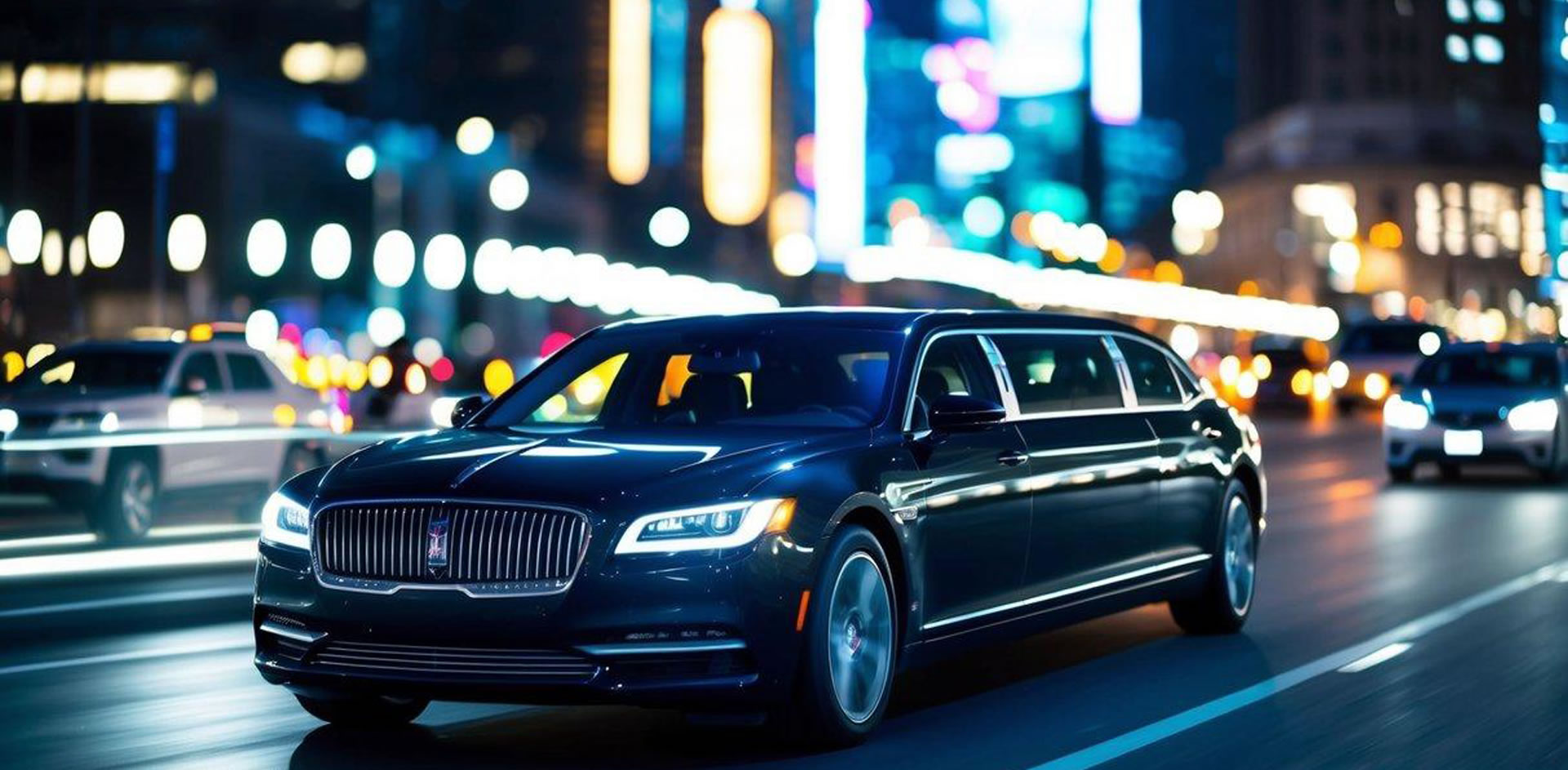 A sleek, modern limousine driving through a city at night, with bright lights and bustling traffic in the background