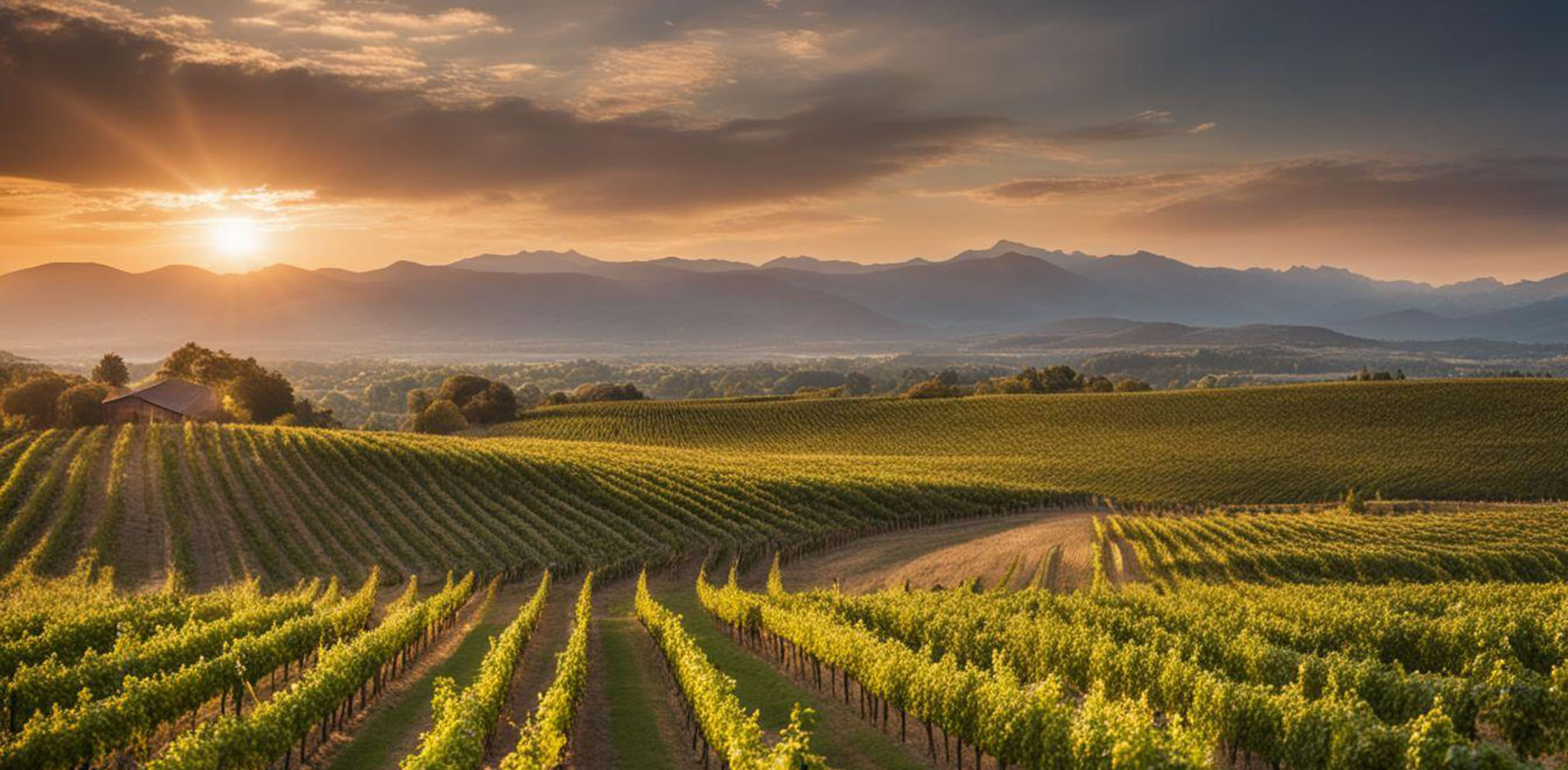A vineyard with mountains in the background