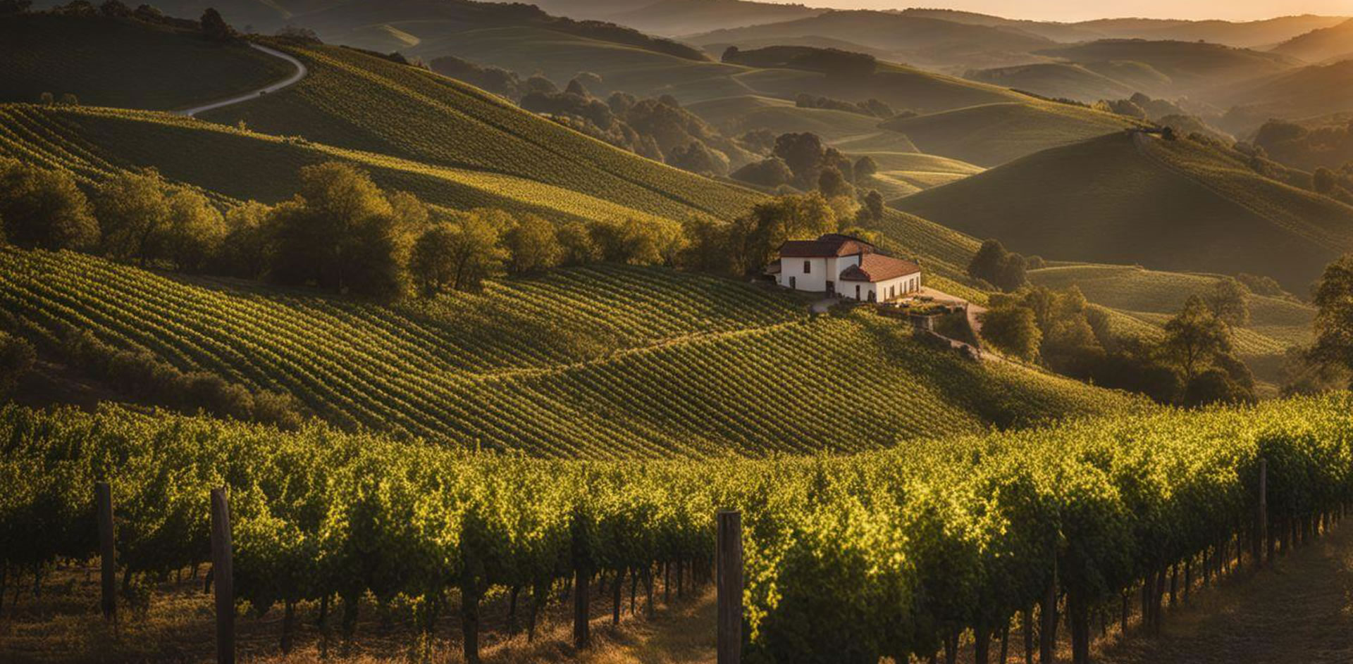 A house on a hill with rows of trees