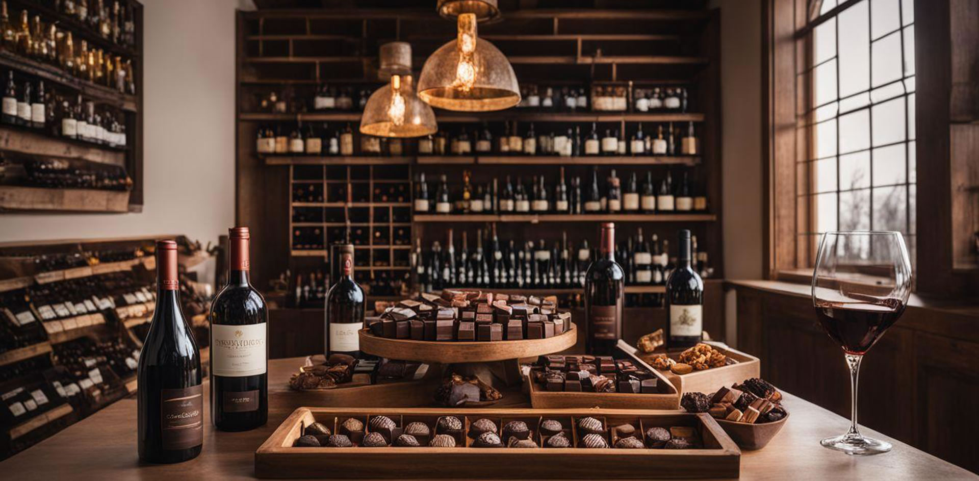 A table with wine bottles and chocolates