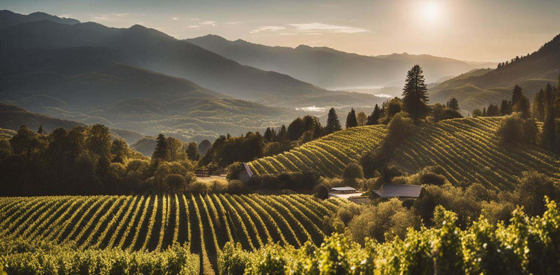 A vineyard with mountains in the background