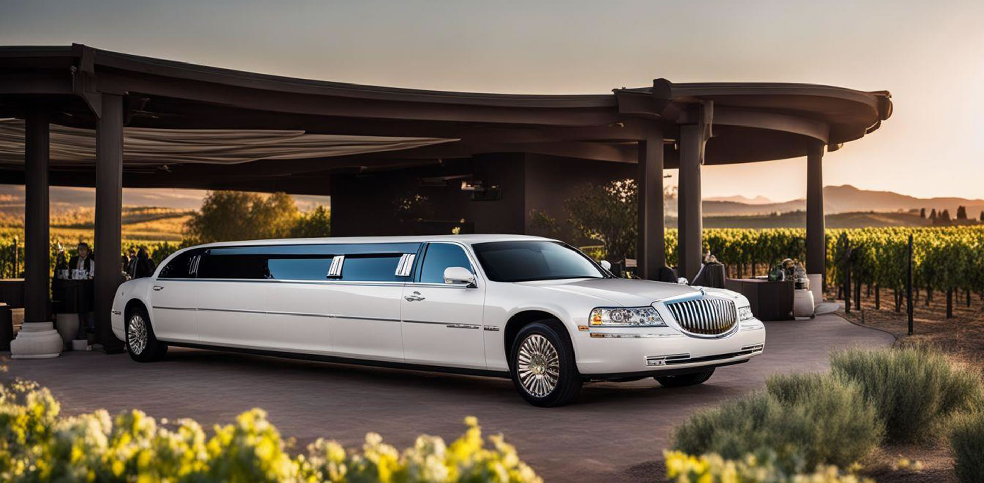 A white limousine parked in front of a building