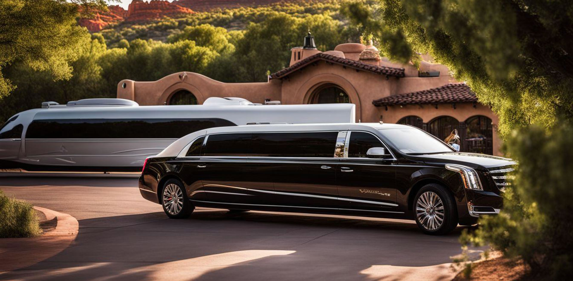 A long black limousine parked in front of a building