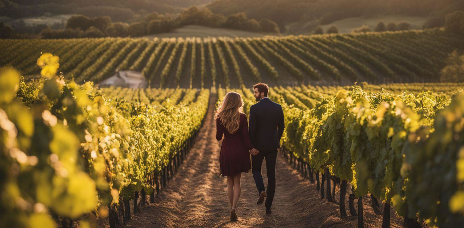 A person and person walking in a vineyard