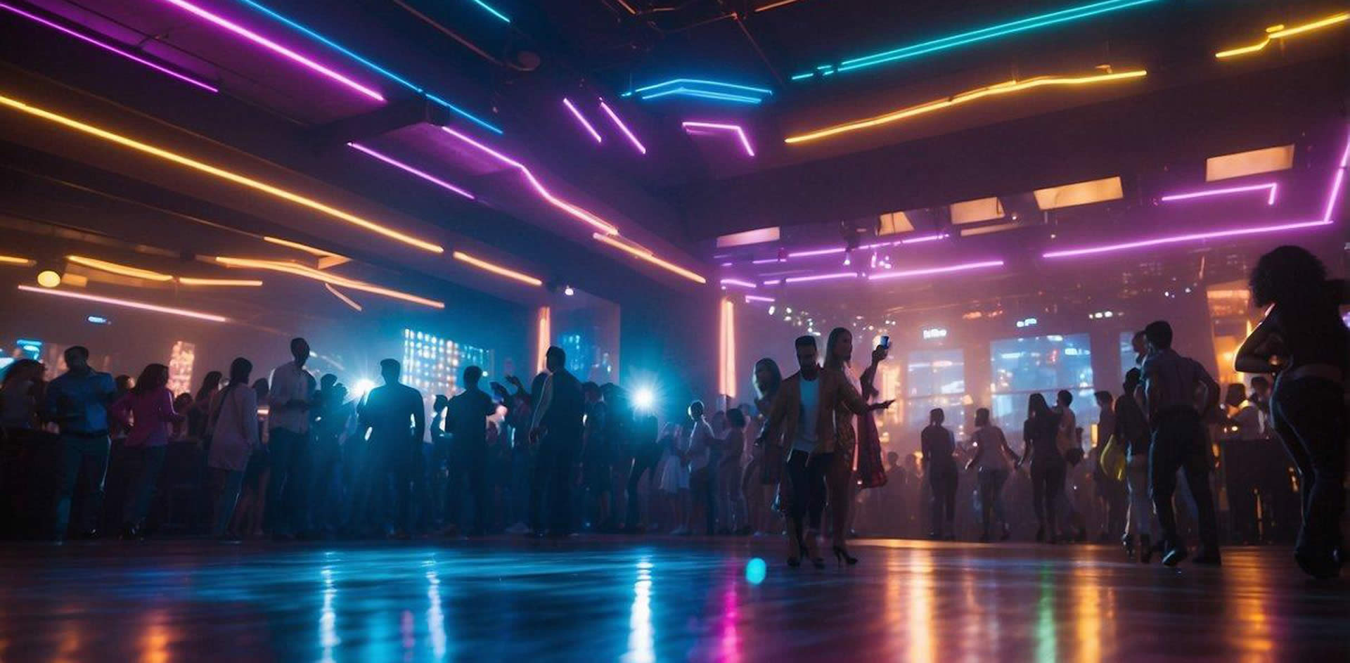 Colorful neon lights illuminate the crowded dance floors. Music pulses through the air as people socialize and enjoy drinks. The clubs are filled with energy and excitement