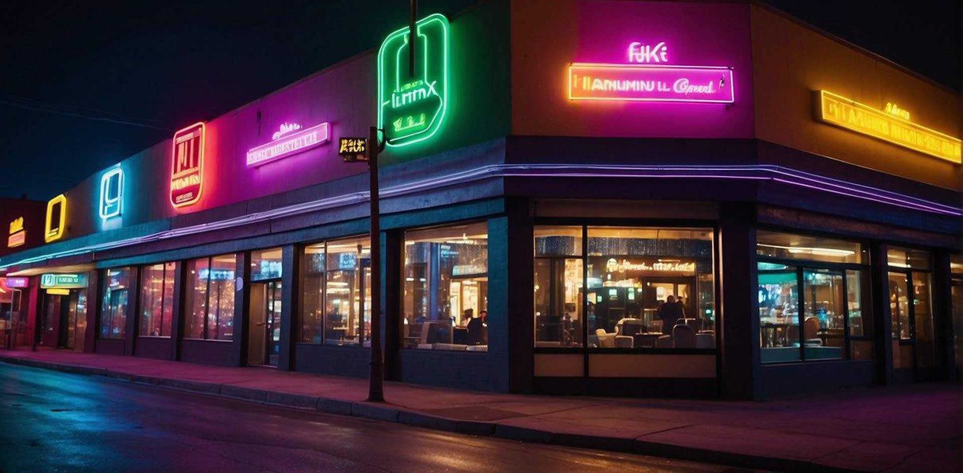 A vibrant neon-lit cityscape with silhouetted buildings and a bustling nightlife scene, featuring a row of sleek and modern nightclubs in Phoenix, Arizona