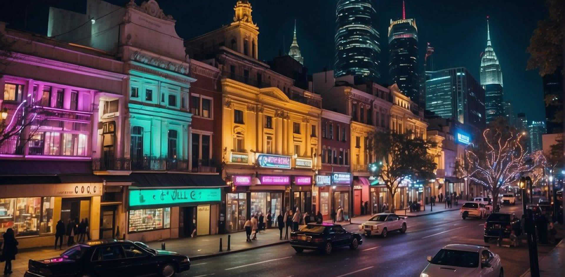 A vibrant cityscape with neon-lit buildings and bustling streets. A mix of modern and historic architecture, with lively music emanating from the top nightclubs